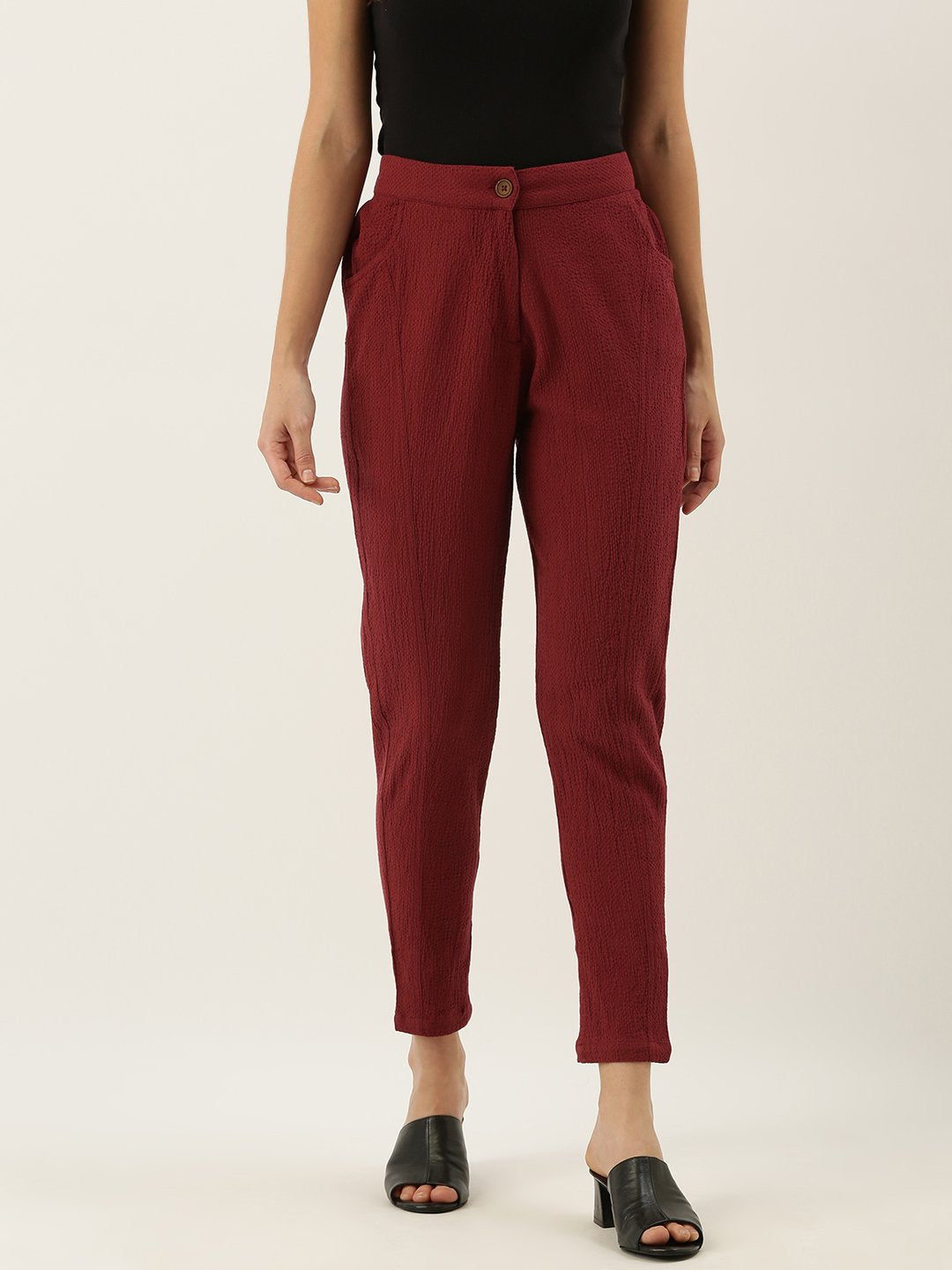 Buy Women Maroon Bubble Cotton Tapered Trouser Online in India