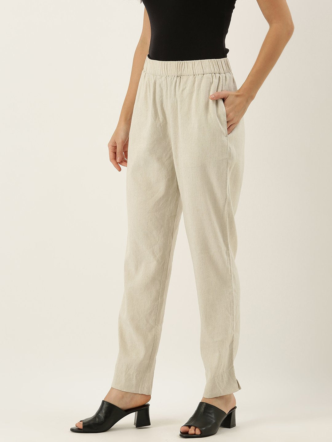 Buy Women Linen Stretch Slim Straight Trouser - Natural Online in India ...