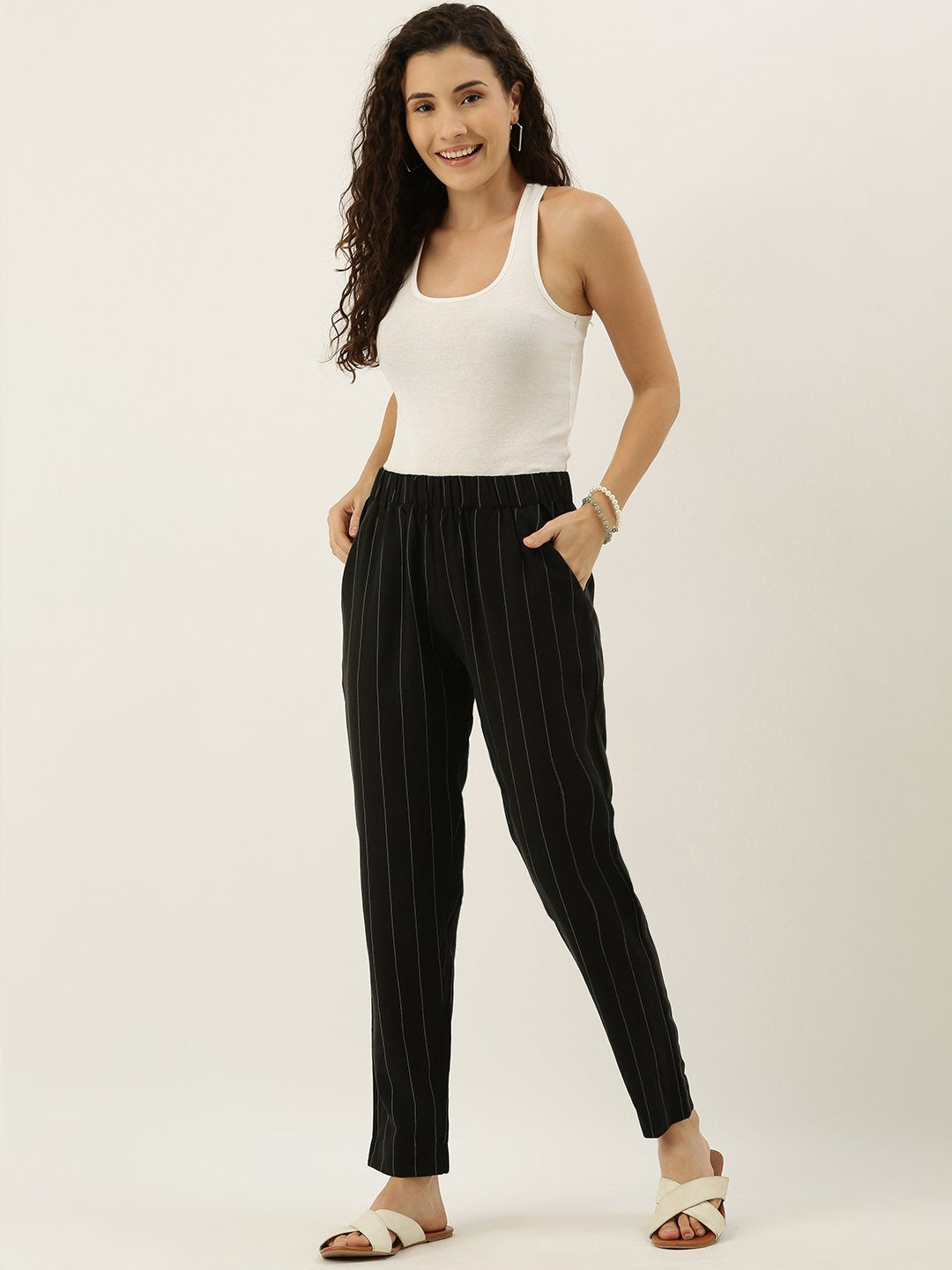 Buy Women Lyocell Tapered Fit Stripe Trouser - Black Online in India ...