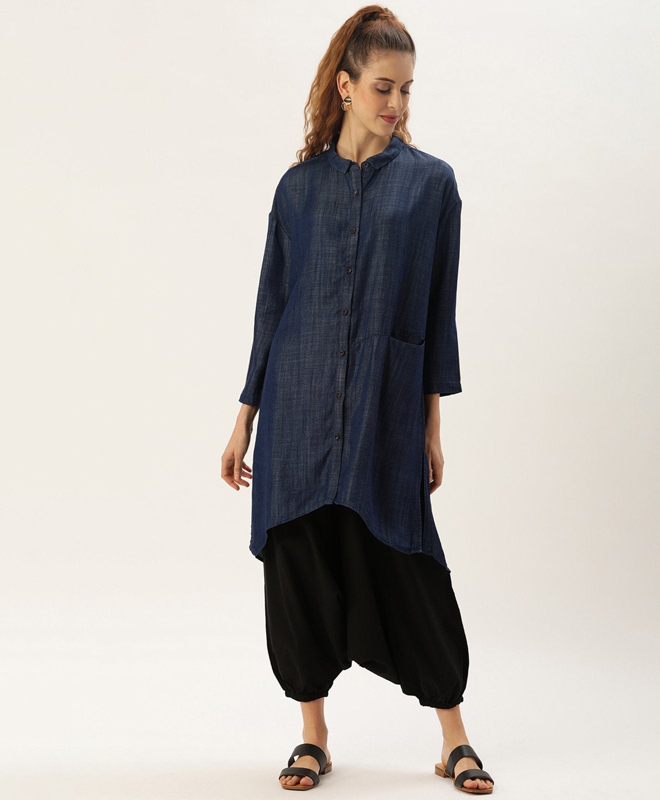 Buy Women Longline Lyocell Denim Shirt Online in India - The Meraki World