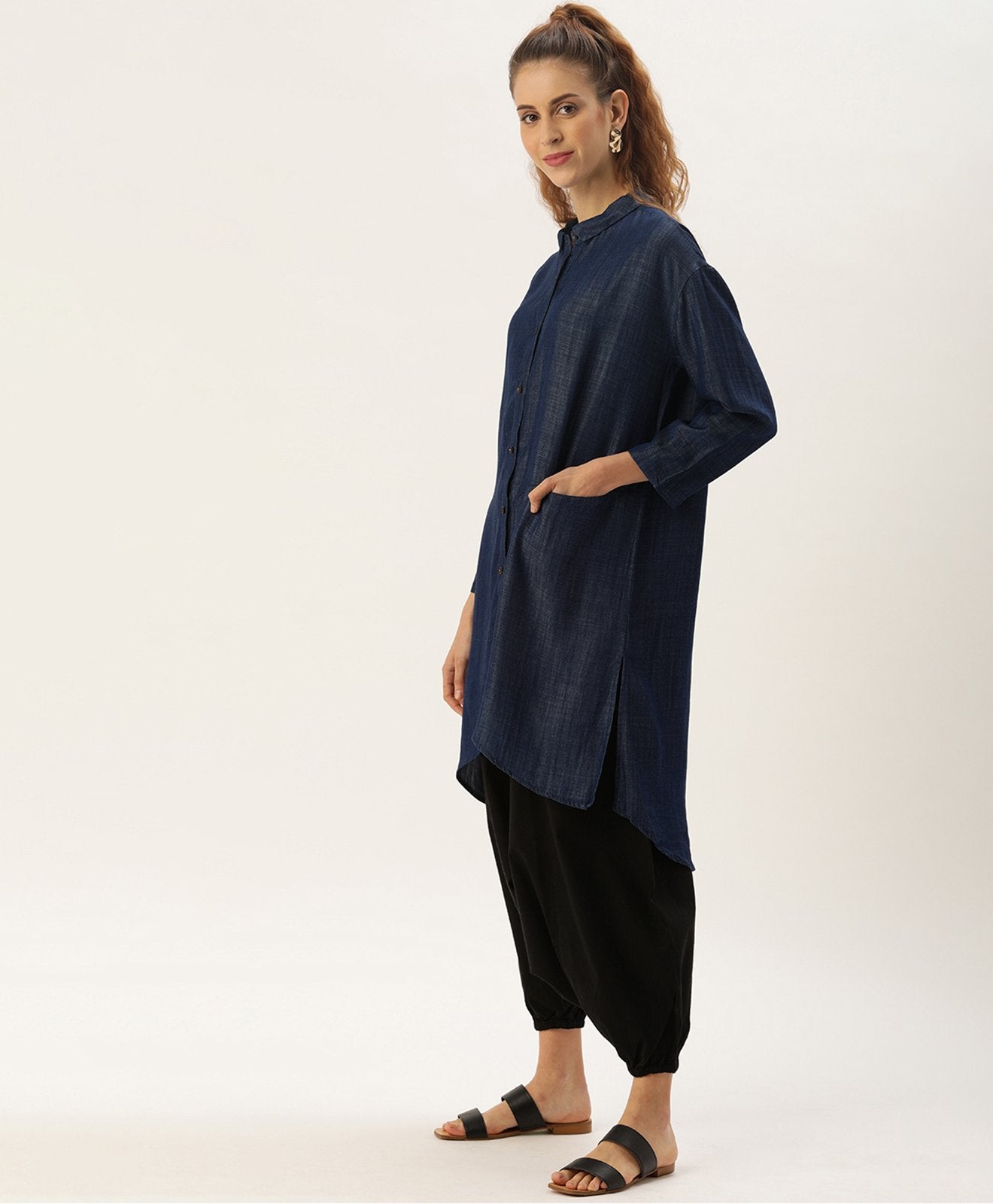 Buy Women Longline Lyocell Denim Shirt Online in India - The Meraki World