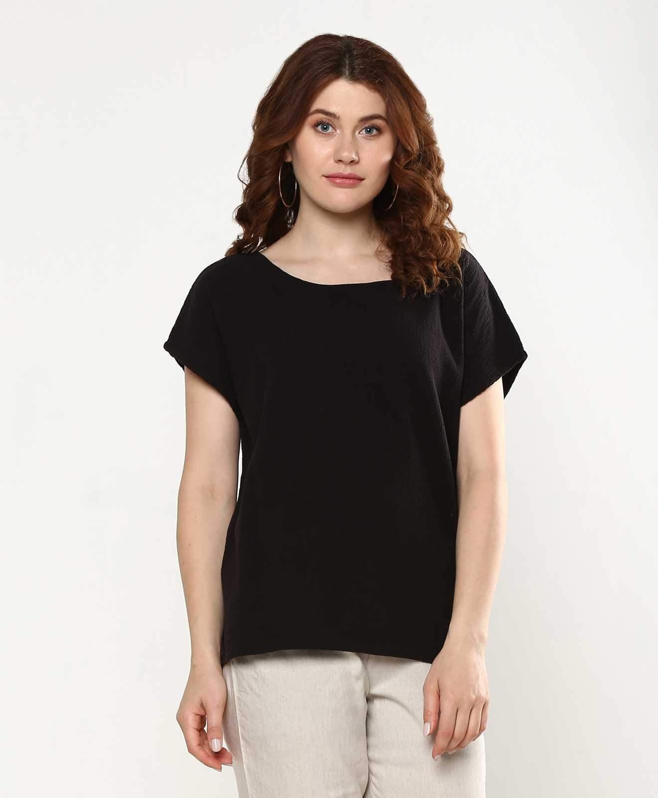 Buy Women TEXTURED COTTON BOAT NECK TOP - Black Online in India - The ...