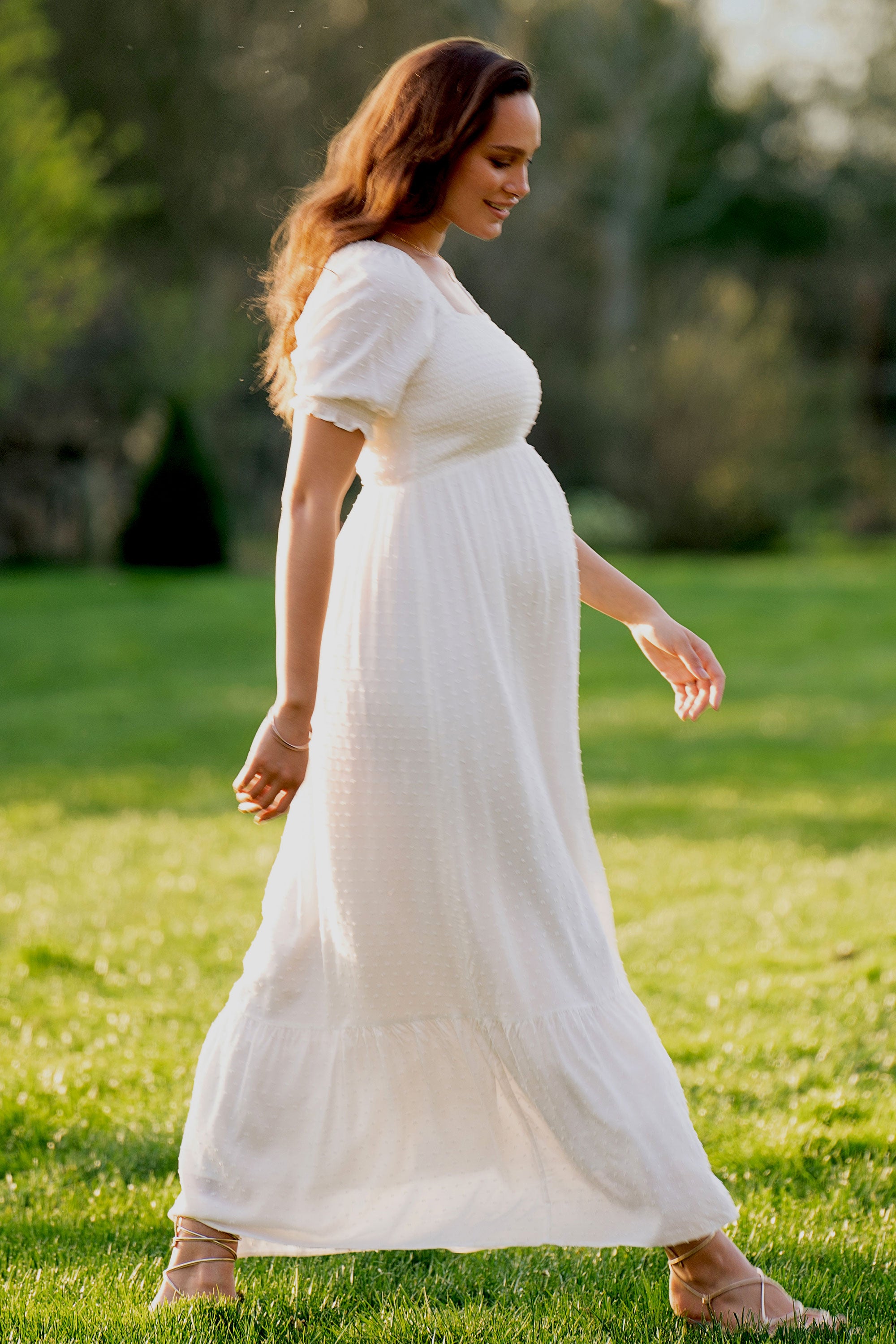 White Shirred Maternity Maxi Dress ...