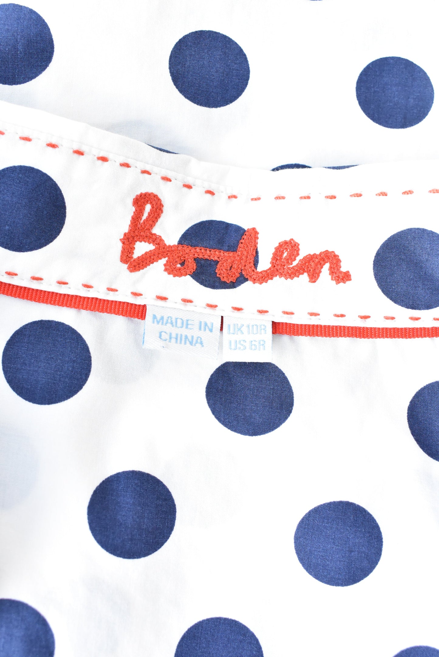 Boden white & navy polka dot shirt, size UK 10