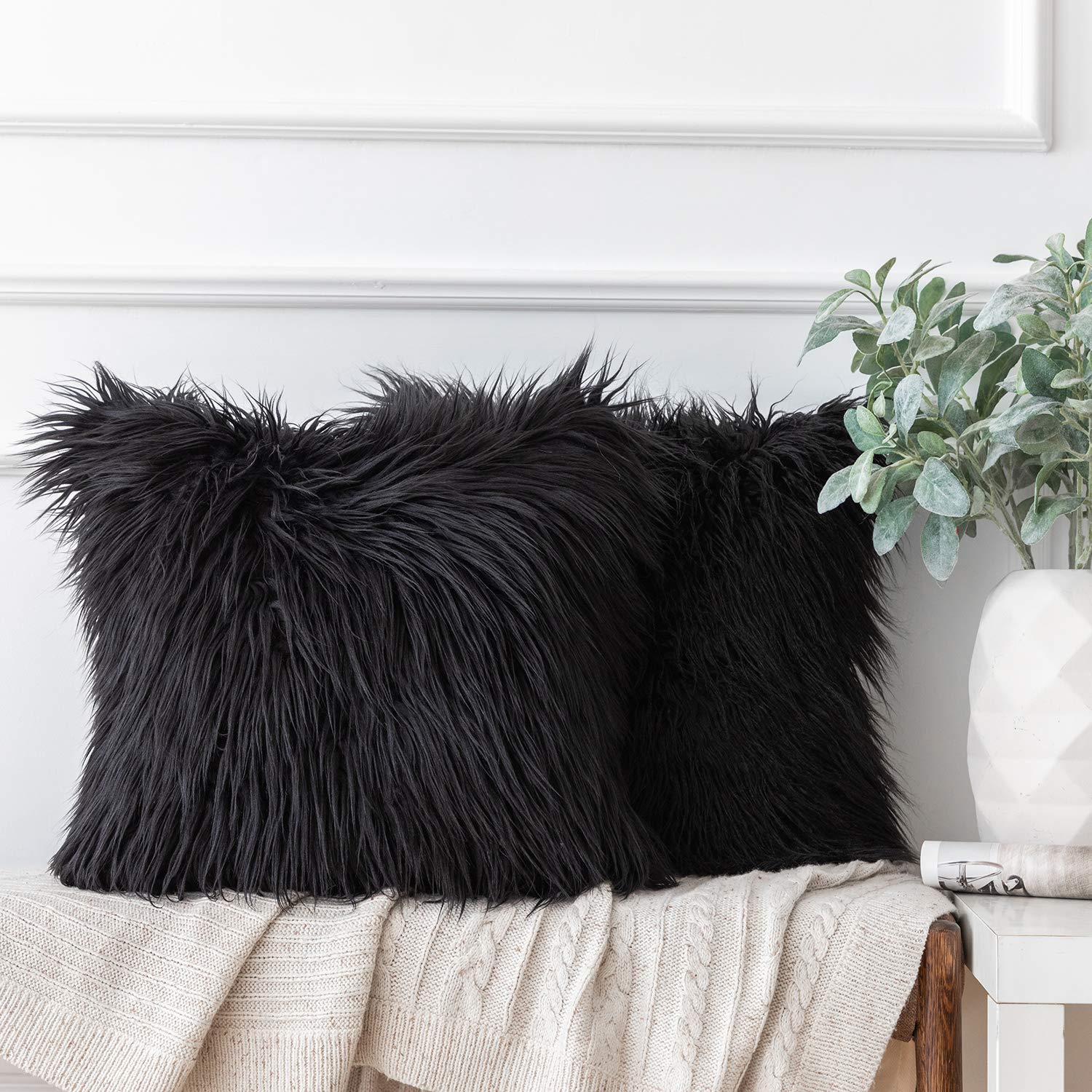 Ashler Pack of 2 Decorative Luxury Style Black Faux Fur Throw Pillow Case Cushion Cover