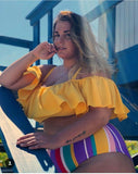 Plus Size Swimwear Women Rainbow Stripes Ruffles Bikini Set Oversize Push Up Padded Swimsuit