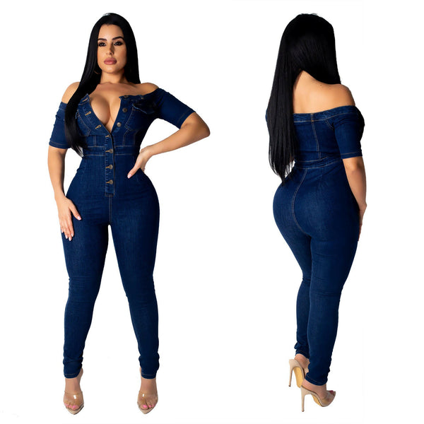 Fashion Denim Jumpsuit Women Wide Leg Spaghetti Strap Bodycon Jumpsuit Bandage Rompers Womens Jumpsuit Slim Female - Ecart