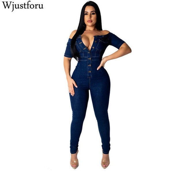 Fashion Denim Jumpsuit Women Wide Leg Spaghetti Strap Bodycon Jumpsuit Bandage Rompers Womens Jumpsuit Slim Female - Ecart