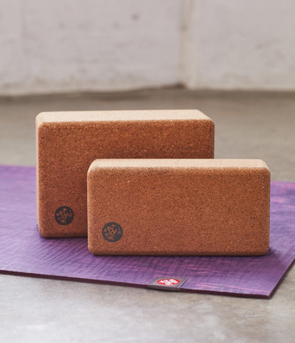Manduka Cork Block & Lean Cork Block size comparison - blocks sitting on an eKO yoga mat - Manduka | Eco Yoga Store