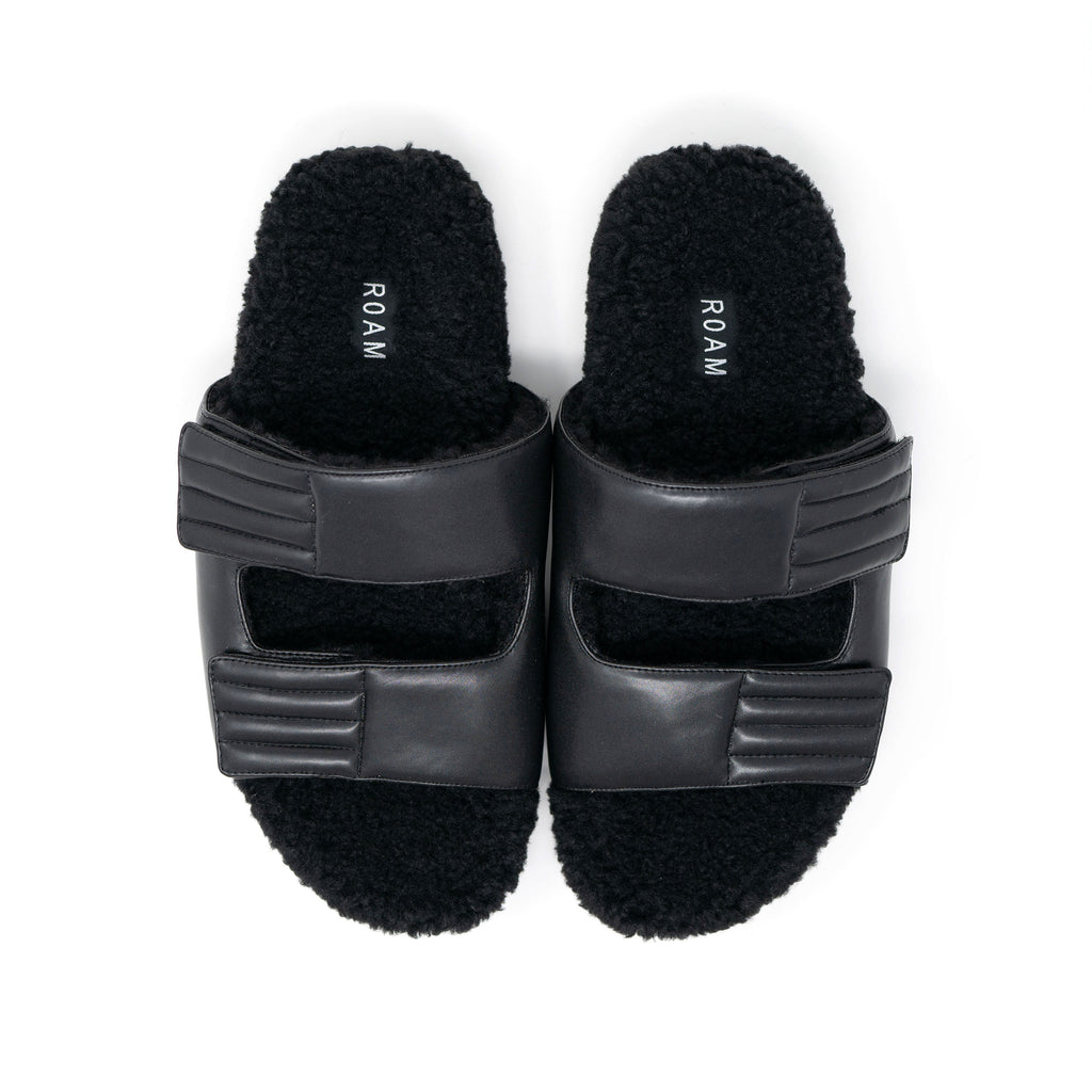 Roam Fuzzy Slippers Black Faux Shearling 12