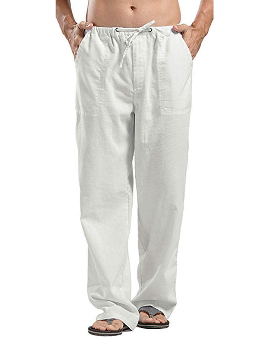 Men Casual Beach Trousers Cotton Elastic Waistband Summer Pants