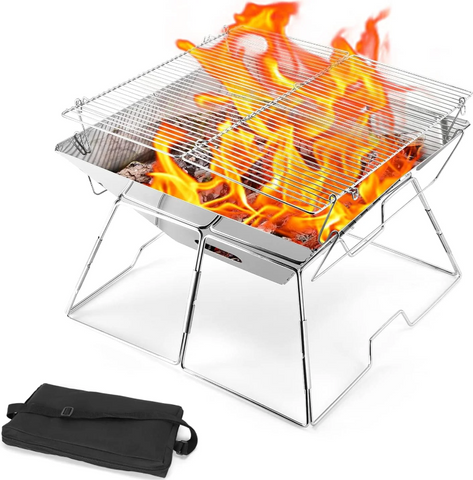 17.1x17.1x12.2in Folding Camping Fire Pit Portable Campfire Grill with Legs for Picnics, Backpacking, Outdoor with Carrying Bag and Kitchen Tongs