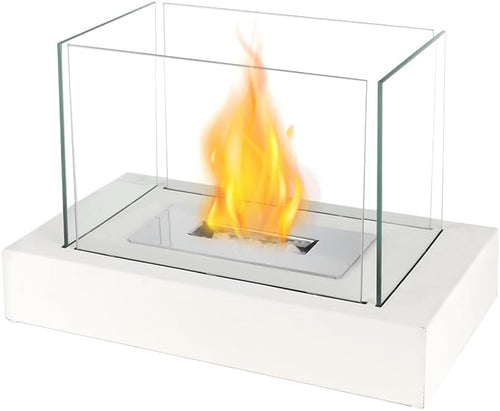 13.5" L White Portable Rectangular Ventless Fireplace Tabletop Fire Bowl Pot with Four-Sided Glass Clean Burning Bio Ethanol for Patio Parties Events
