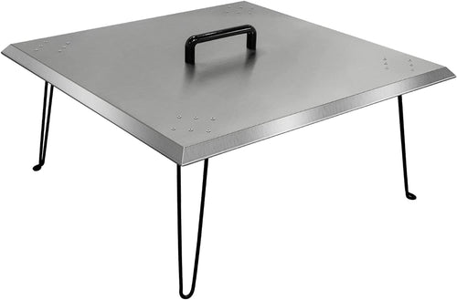 24'' Square Fire Pit Heat Deflector Burner Lid Cover to Push Heat Down and Out with Carrying Handle and Foldable Legs to Warm Friends and Family