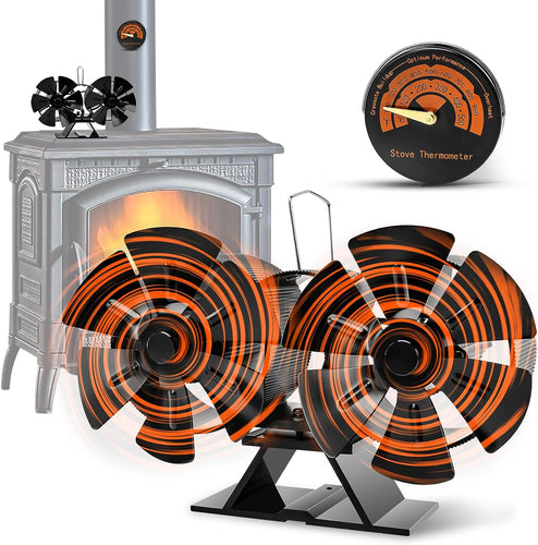 Heat Powered Stove Fan for Wood Burning Stove/Pellet/Log Burner/Portable Buddy, 12 Blades Dual Motors with Magnetic Thermometer