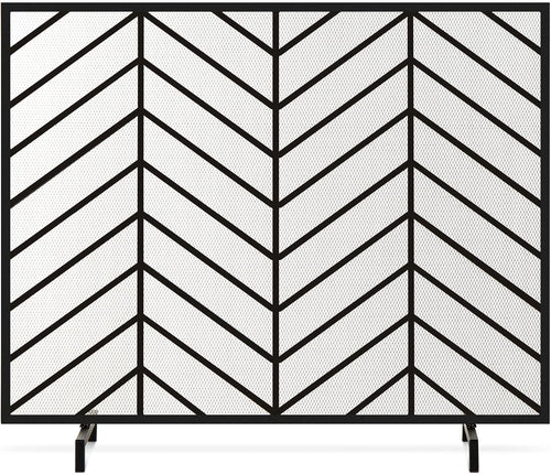 38x31 Inch Black Single Panel Handcrafted Wrought Iron Mesh Chevron Fireplace Screen Fire Spark Guard for Living Room/Bedroom Décor