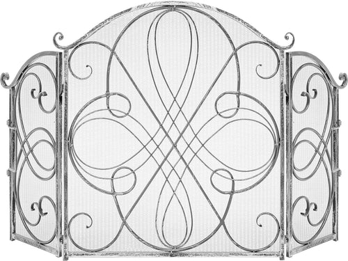 3-Panel Pewter 55x33" Solid Wrought Iron Fireplace Screen See-Through Metal Spark Guard Safety Protector with Decorative Scroll