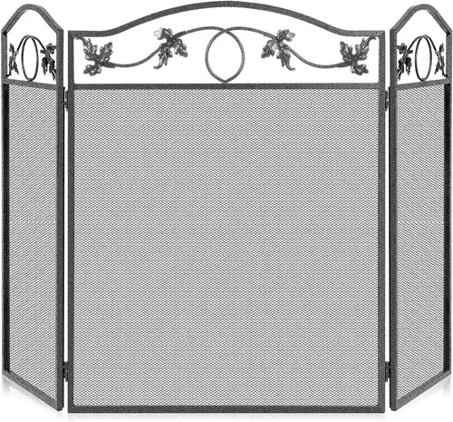 3 Panel 50x29 Inch Pewter Free Standing Fireplace Screen Foldable Wrought Iron Fireguards Cover for Wood Burning Fireplace