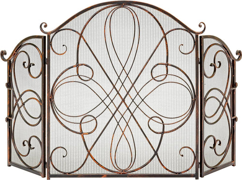 3-Panel Copper 55x33" Solid Wrought Iron Fireplace Screen See-Through Metal Spark Guard Safety Protector with Decorative Scroll