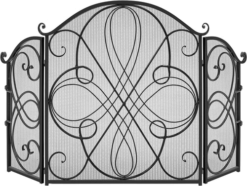 3-Panel Black 55x33" Solid Wrought Iron Fireplace Screen See-Through Metal Spark Guard Safety Protector with Decorative Scroll