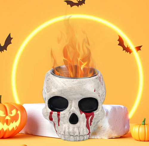 Table Top Fire Pit Bowl - Halloween Skull Alcohol Firepit Decorations Concrete Tabletop Fireplace Decor Portable Mini Smores Maker for Garden Patio