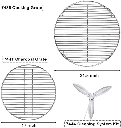 7436 + 7441 Grates + 7444 Cleaning System BBQ Charcoal Grills Replacement Parts for Weber 22.5/22 Inch One-Touch, Bar-B-Kettle, Performer, Master-Touch