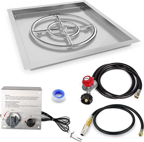 18" x 18" Stainless Steel Round Drop-in Fire Pit Burner Pan, 12" Burner Ring and Spark Ignition Hose Kit for LP NG Gas Fire Pit and Fireplace