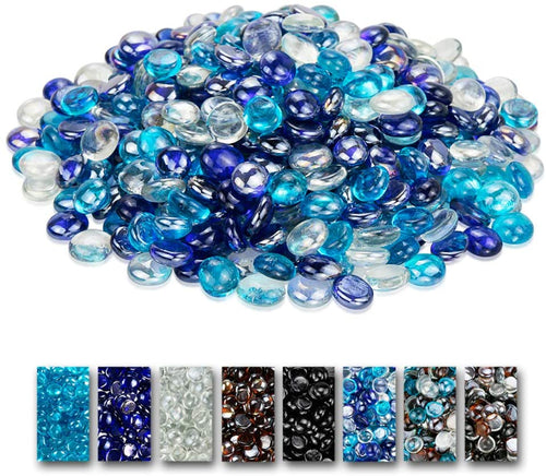 10 Pounds 1/2 Inch Ultra White + Cobalt Blue + Caribbean Blue Round Safe Fire Pit Glass Beads Glass Rocks for Natural or Propane Fireplace for Outdoors and Indoors Firepit 