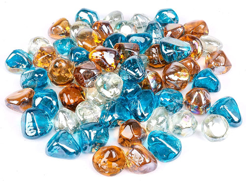 1'' High Luster Reflective Tempered White Blue Amber Fire Glass Diamonds Rock for Fire Pit, Fireplace, 10 LBS Kit