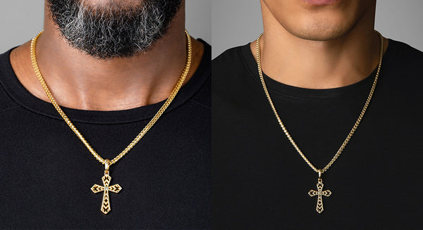 gold cross pendants being worn by two men