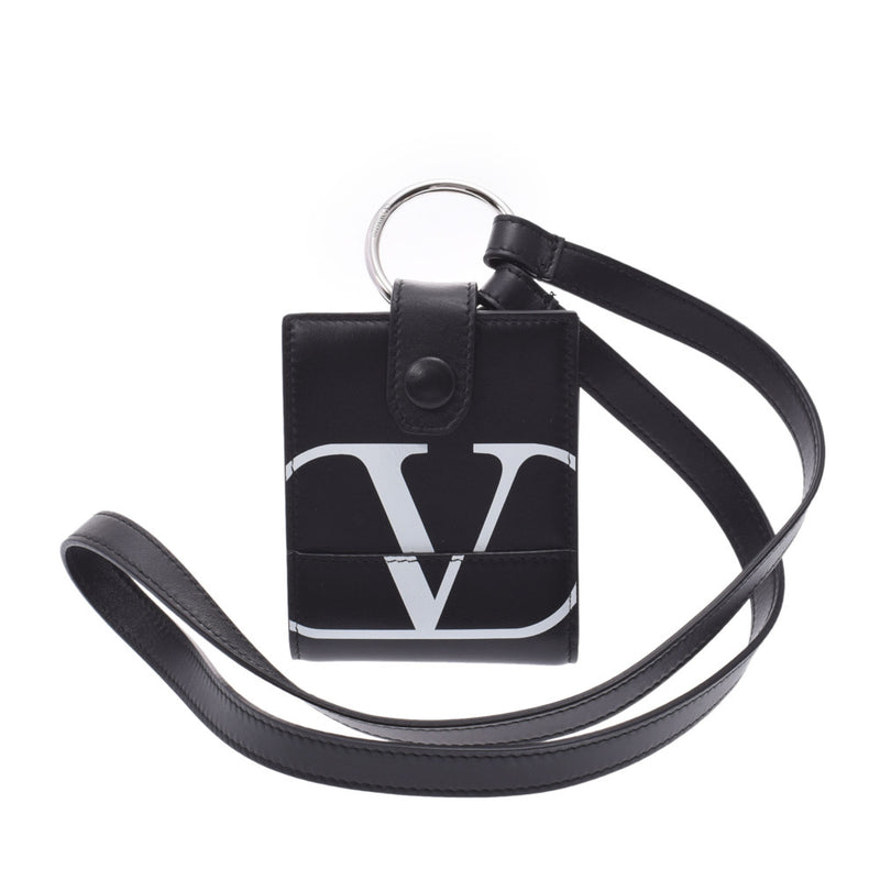 Valentino Garavani V logo neck wallet black silver hardware unisex leather bi-fold Valentino Garavani used – 銀蔵オンライン