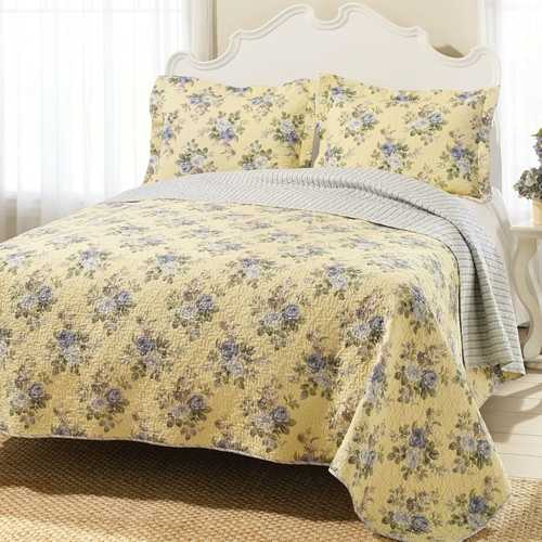 King Yellow Gray Floral 100 Cotton Reversible Quilt Coverlet Set