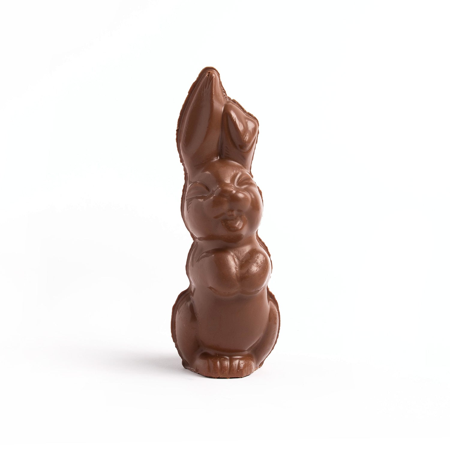 A molding of a milk chocolate laughing bunny
