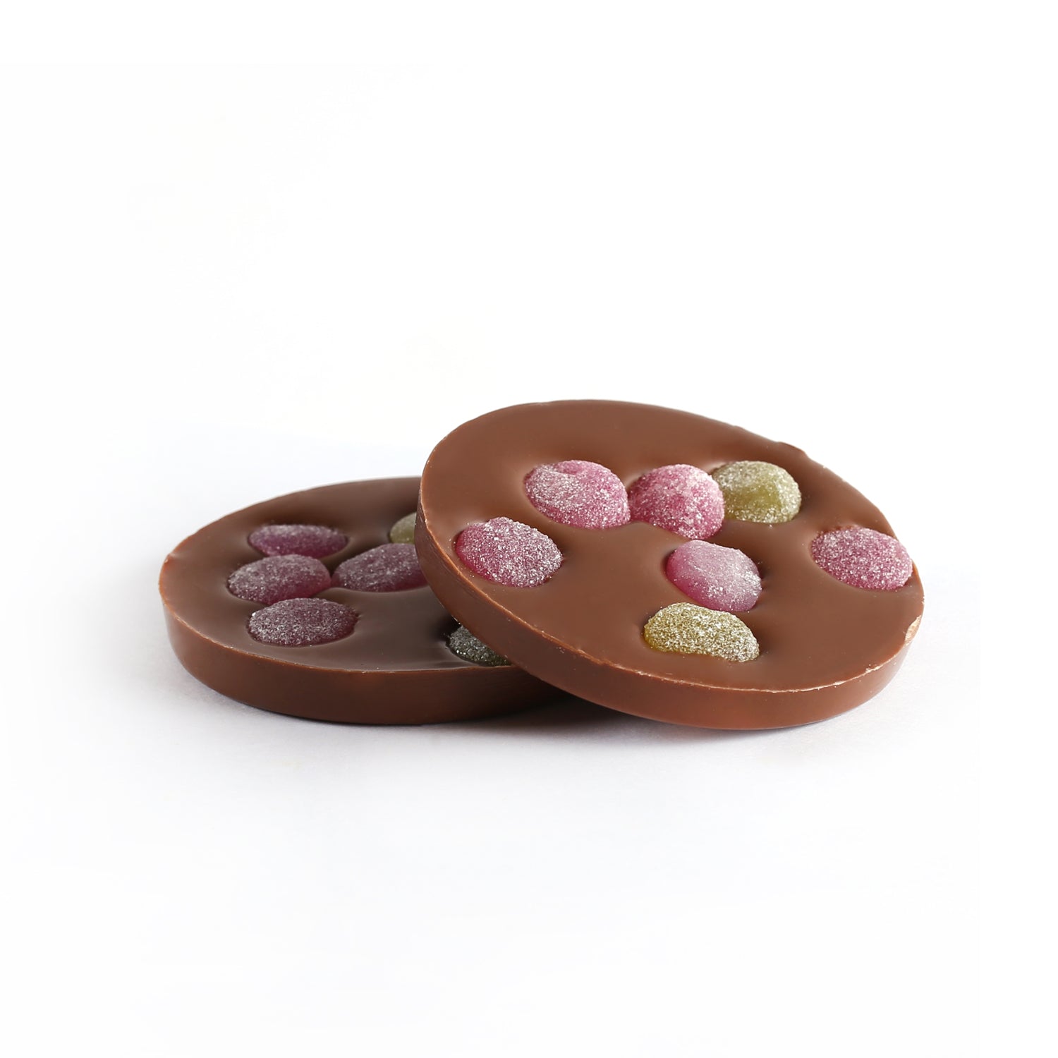 Product photo of 2 milk chocolate disks with gum drop candy