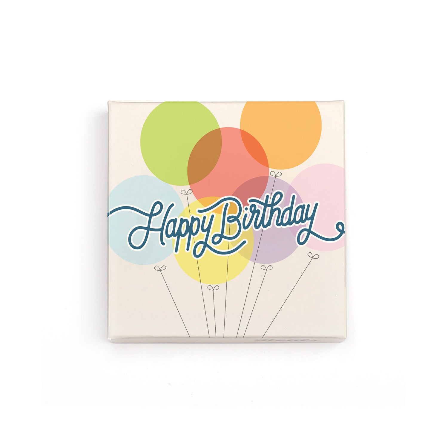 Large happy birthday box with cream background, colourful balloons.  