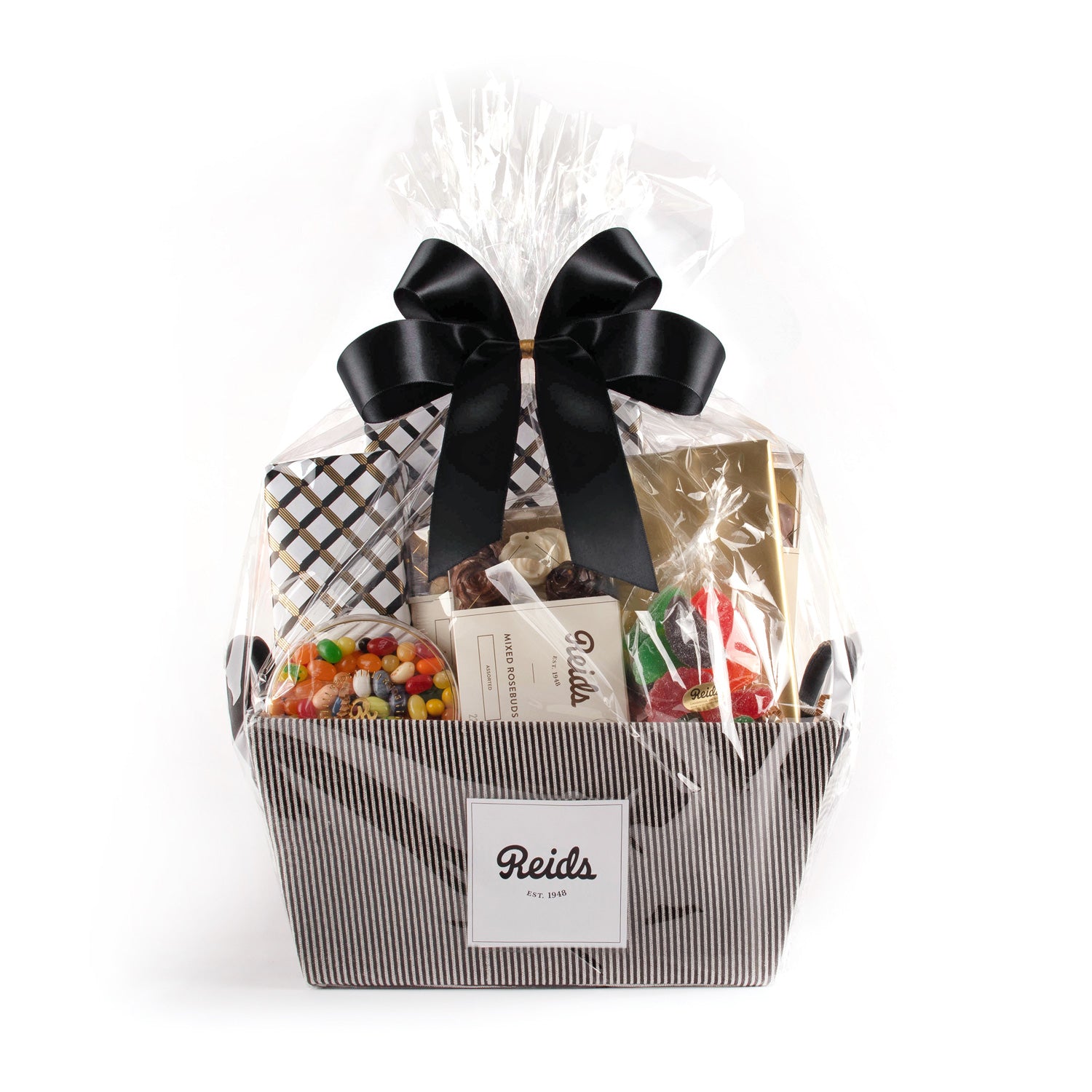 The large basket comes in a black and white pinstriped basket wrapped in cellophane and tied with a bow