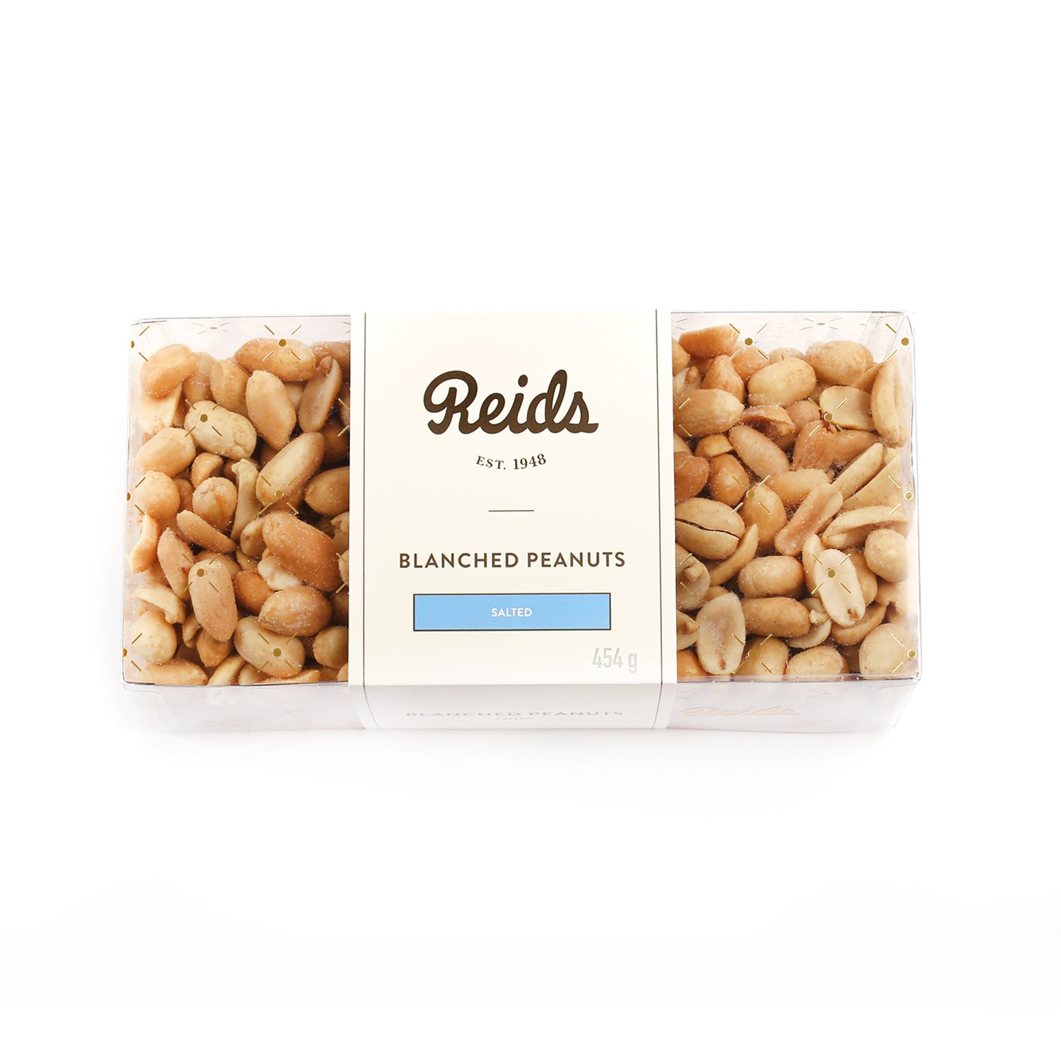 1 lb clear box of blanched peanuts.