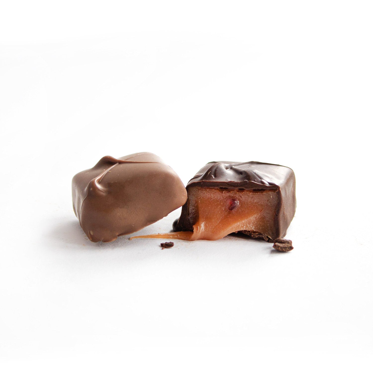 Our classic milk and dark chocolate vanilla caramel with raspberry puree.