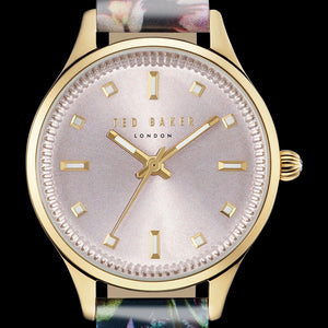 TED BAKER ZOE GOLD PURPLE DIAL FLORAL LEATHER WATCH - DIAL CLOSE-UP