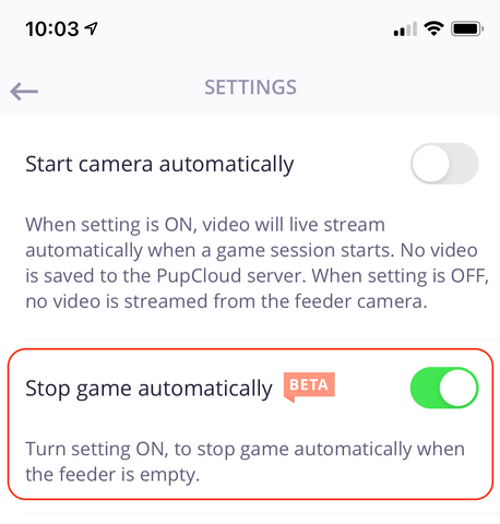 Setting to stop PupPod Rocker game automatically when feeder is empty