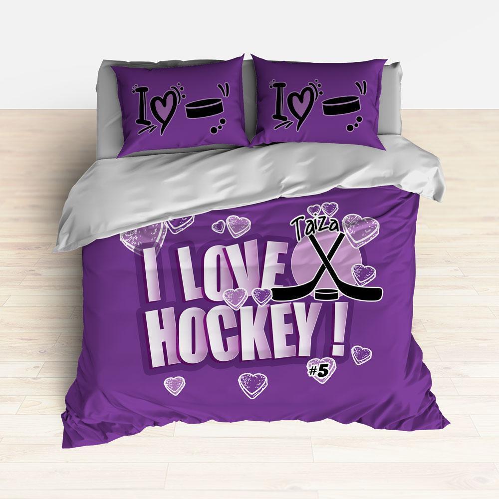 Purple Personalized Hockey Bedding Set I Love Hockey Duvet Cover