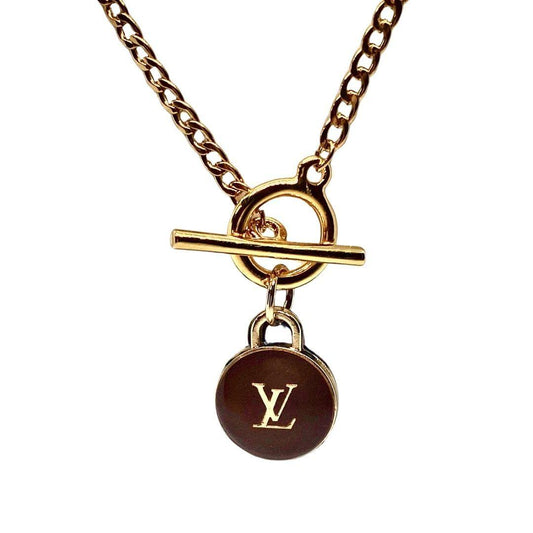 Gold & Crystal LV Button Toggle Necklace - Designer Button Jewelry