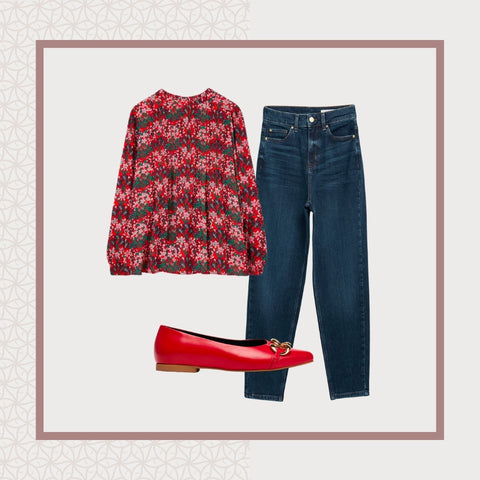 red ballet pump, mom jeans, red top