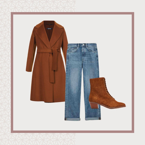 brown boot outfit, cuffed jeans, brown coat