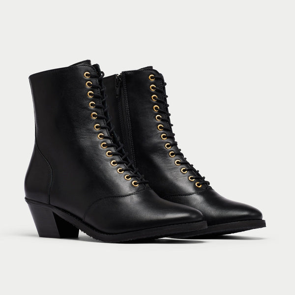 black ankle boot with laces and heel