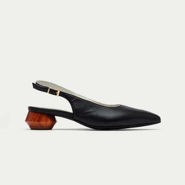 wooden heel, sling back shoe