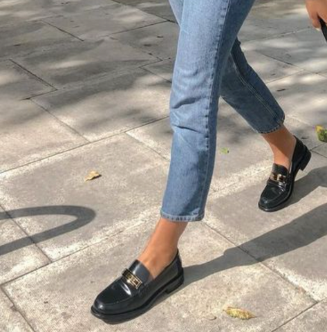 black loafers with mom jeans