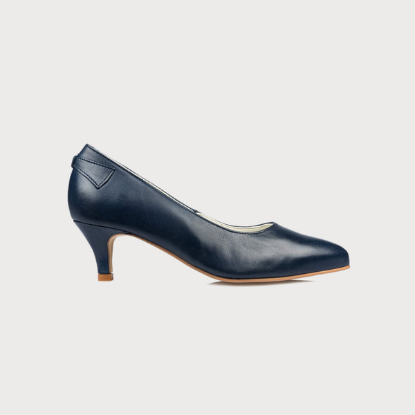 Navy leather court shoes with a kitten heel