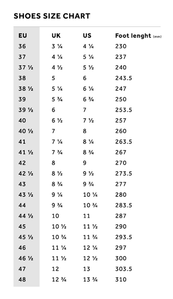 Fizik Road Shoe Size Chart