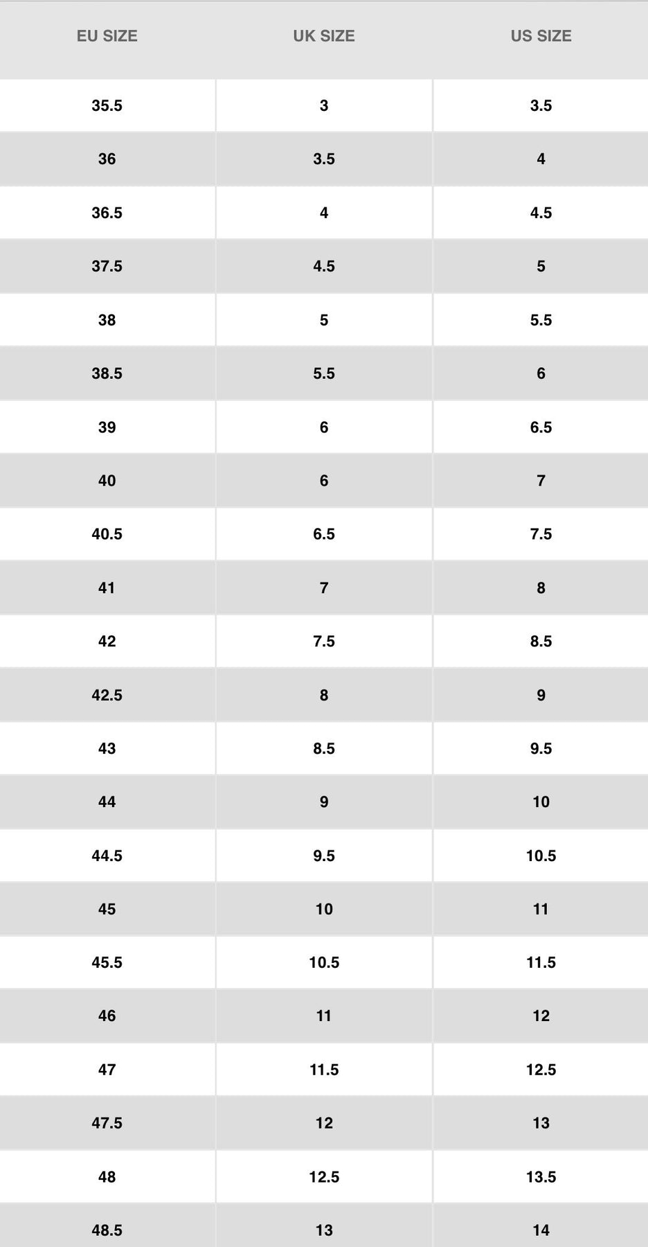 air force size chart